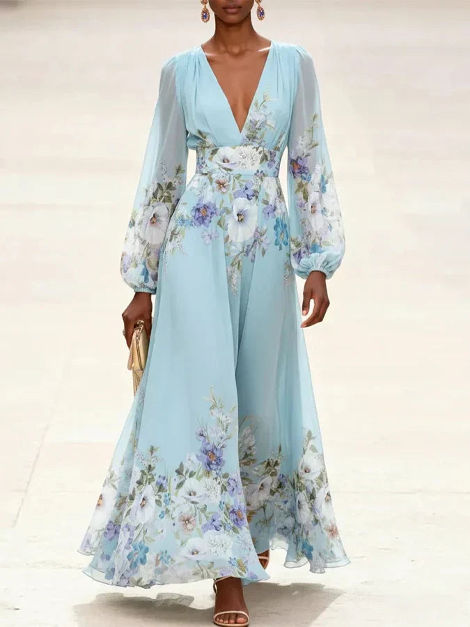 Women’s Light Blue Floral V-Neck Maxi Dress