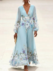 Women’s Light Blue Floral V-Neck Maxi Dress