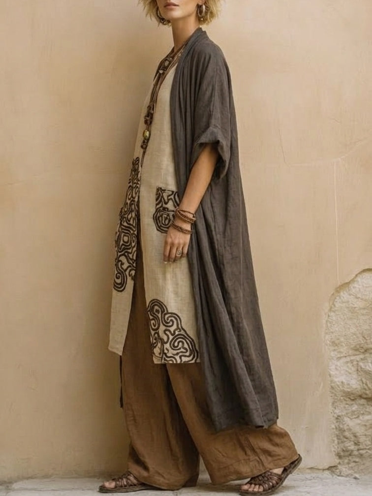 Women’s Dark Gray And Brown Tribal Print Three Piece Set