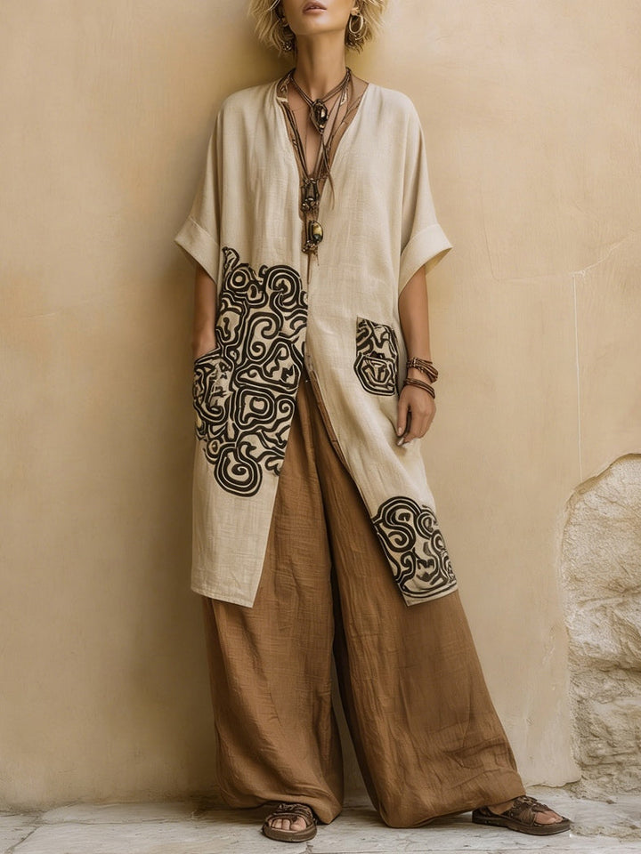Women’s Dark Gray And Brown Tribal Print Three Piece Set