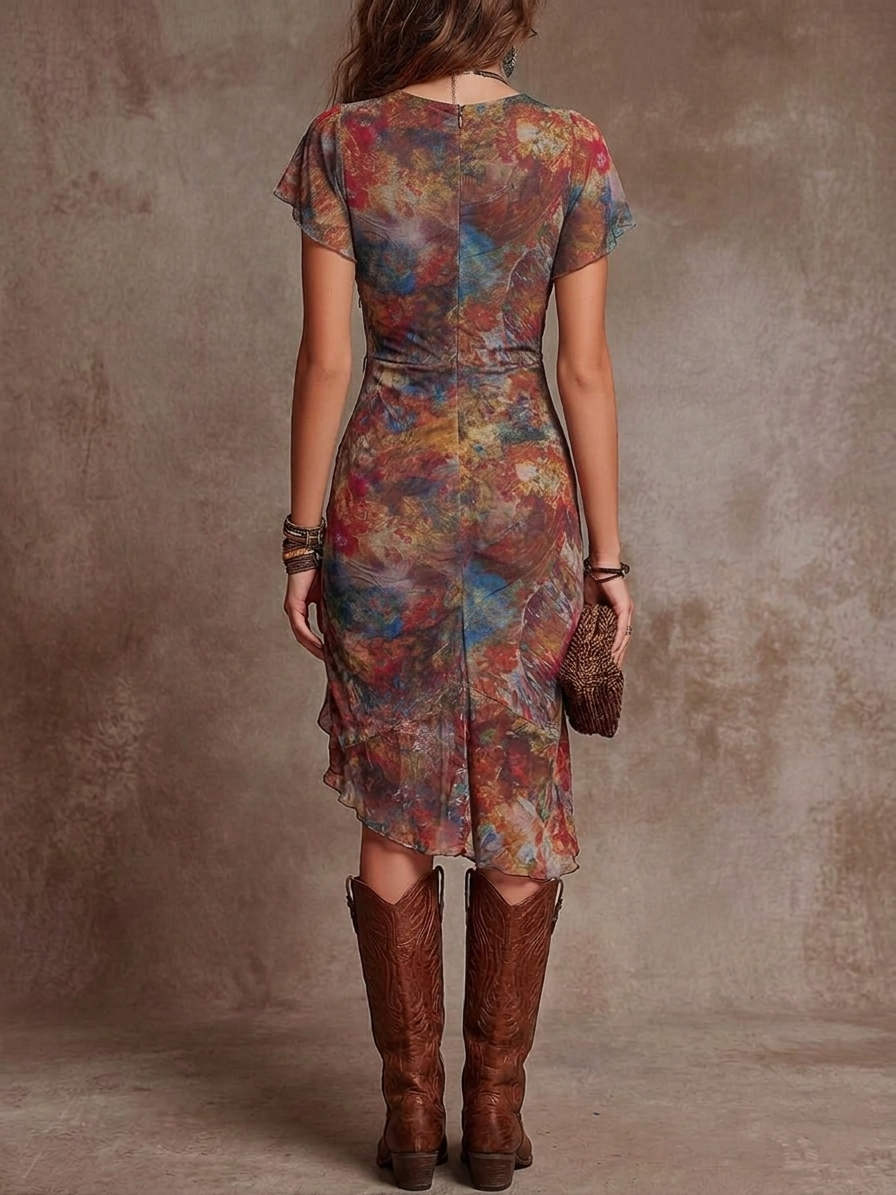 Women’s Boho Print V-Neck Pleated Midi Dress