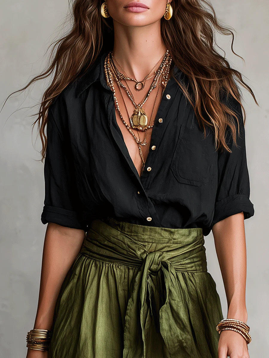 Women’s Two-Piece Black Top And Olive Green Midi Skirt Set