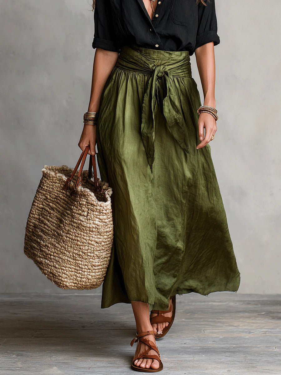 Women’s Two-Piece Black Top And Olive Green Midi Skirt Set
