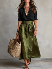 Women’s Two-Piece Black and Olive Green Top and Midi Skirt Set