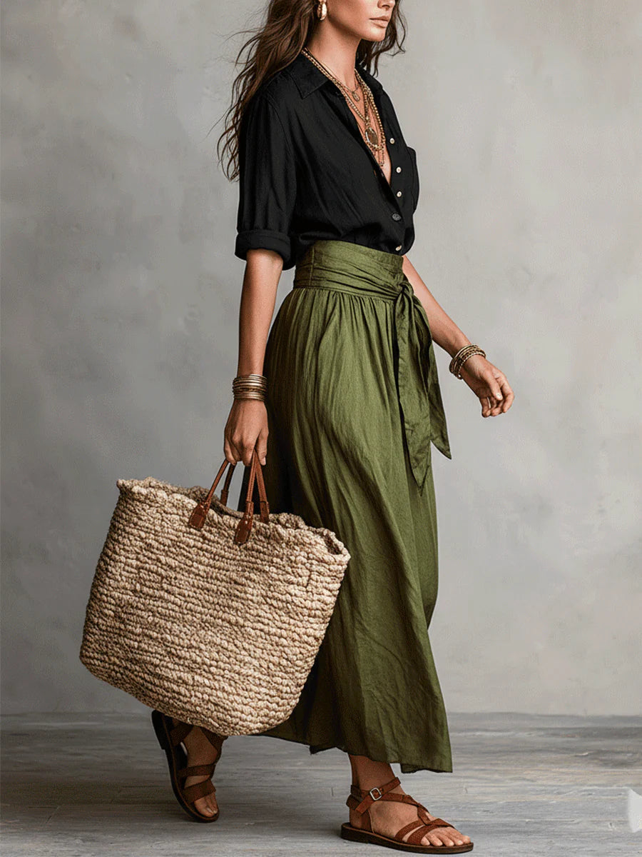 Women’s Two-Piece Black Top And Olive Green Midi Skirt Set