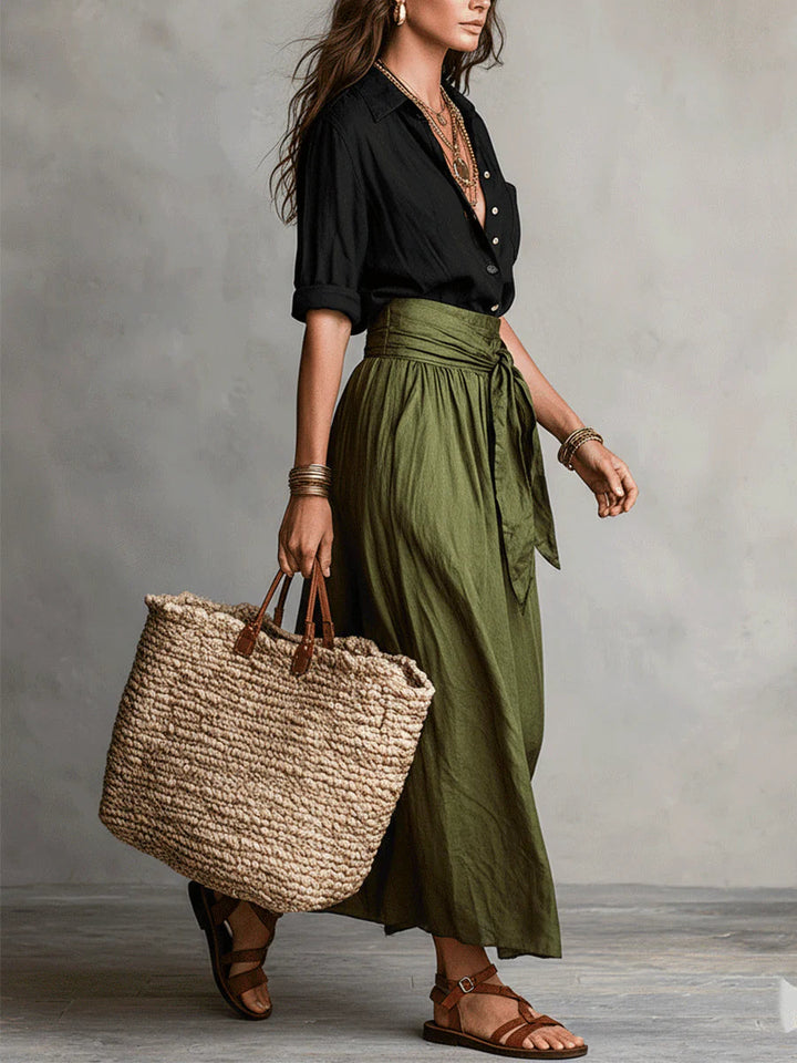 Women’s Two-Piece Black Top And Olive Green Midi Skirt Set