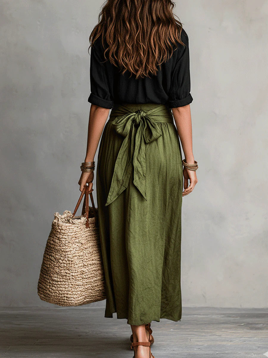 Women’s Two-Piece Black Top And Olive Green Midi Skirt Set
