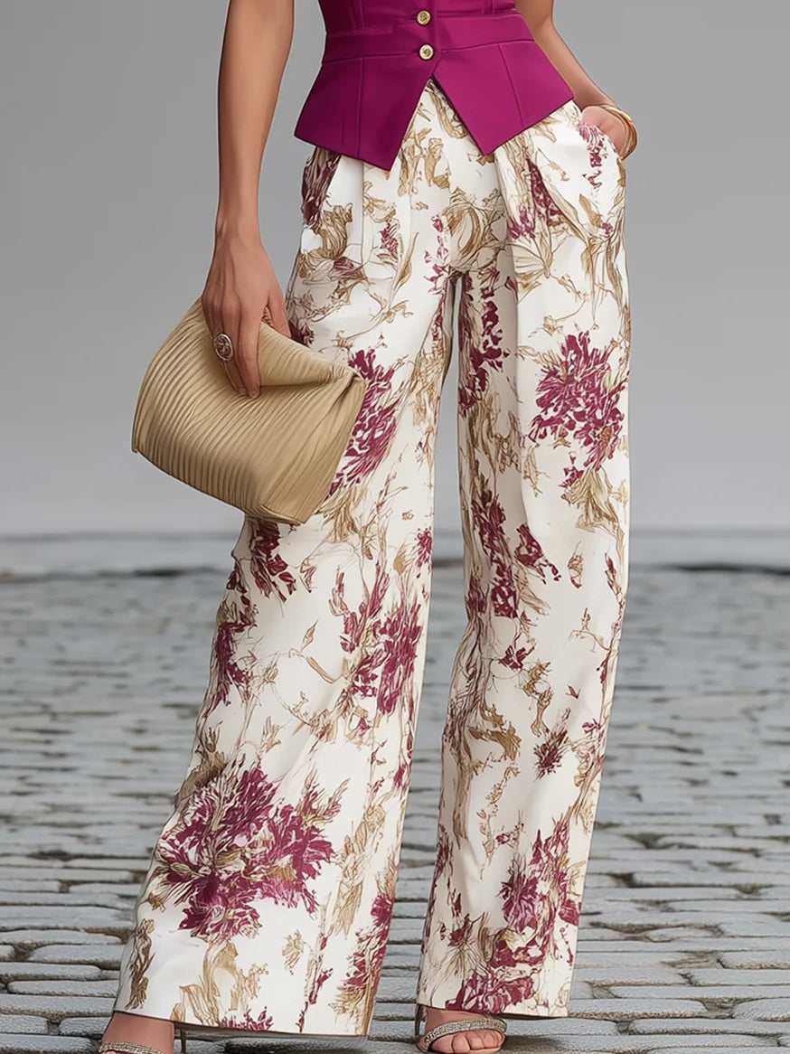 Women’s Rose Pink Sleeveless Vest And Floral Print Wide Leg Pants Set