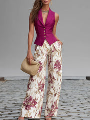 Women’s Rose Pink Sleeveless Vest And Floral Print Wide Leg Pants Set