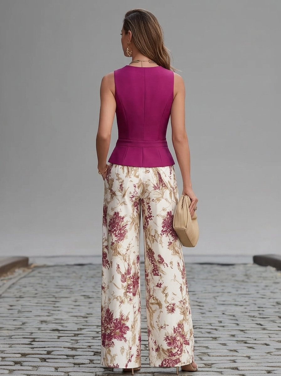 Women’s Rose Pink Sleeveless Vest And Floral Print Wide Leg Pants Set