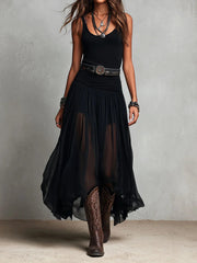 Women’s Black Belted Tulle Maxi Dress
