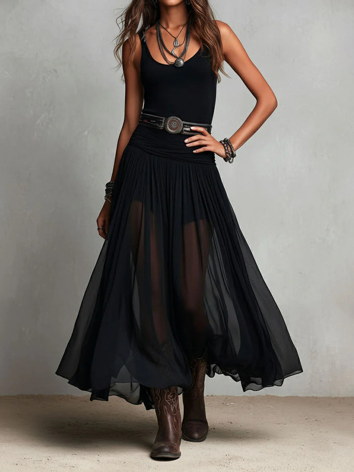 Women’s Black Belted Tulle Maxi Dress