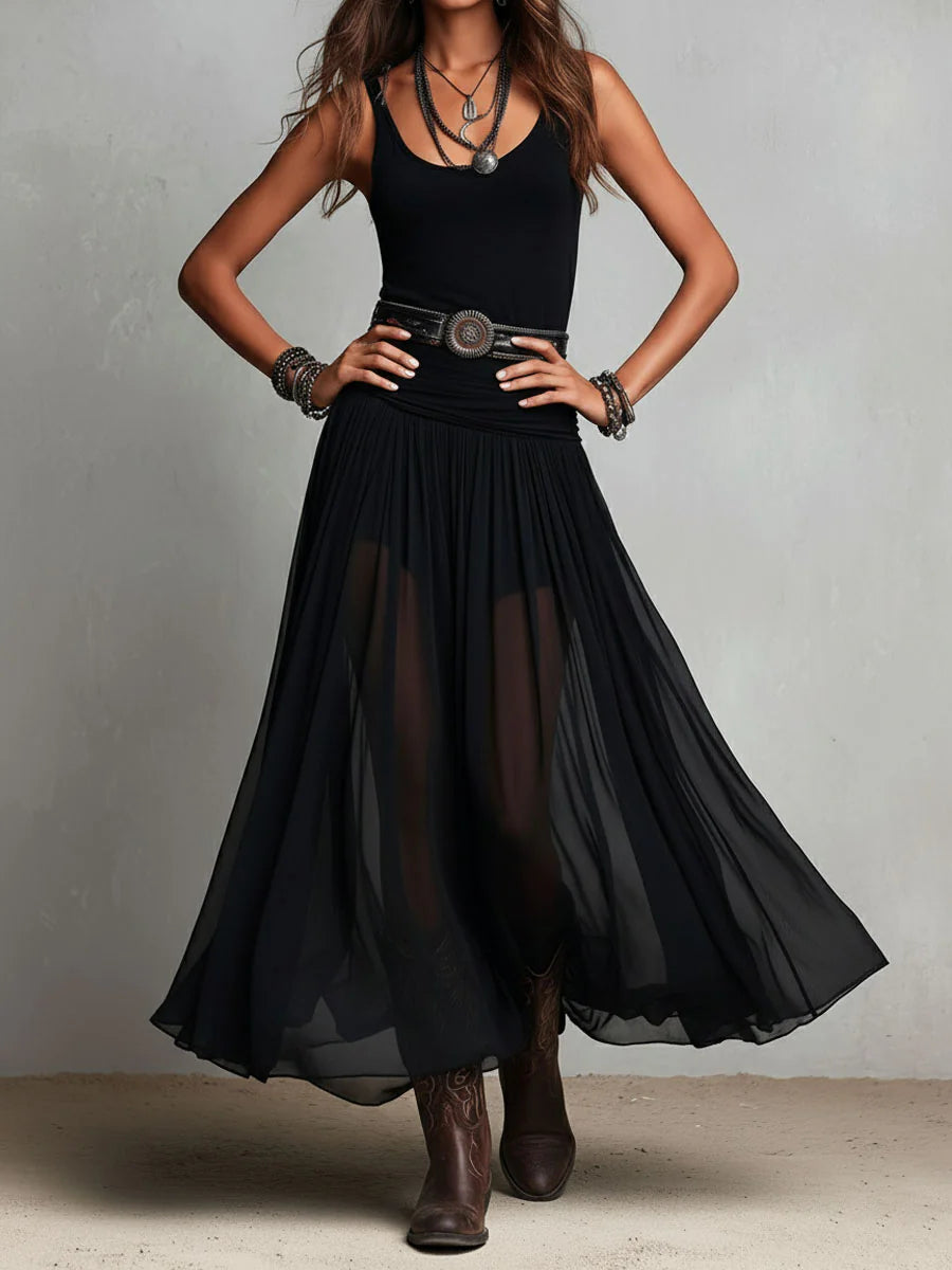 Women’s Black Belted Tulle Maxi Dress
