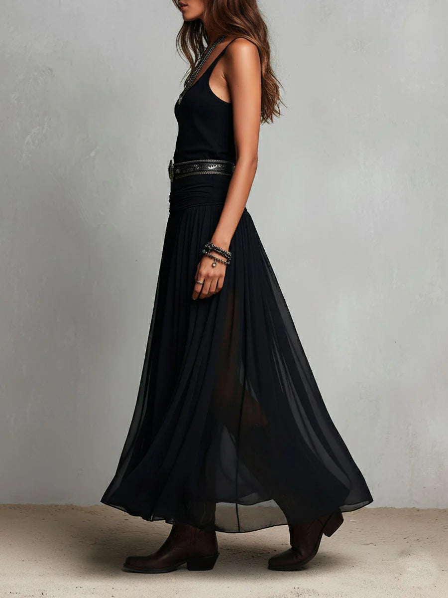Women’s Black Belted Tulle Maxi Dress