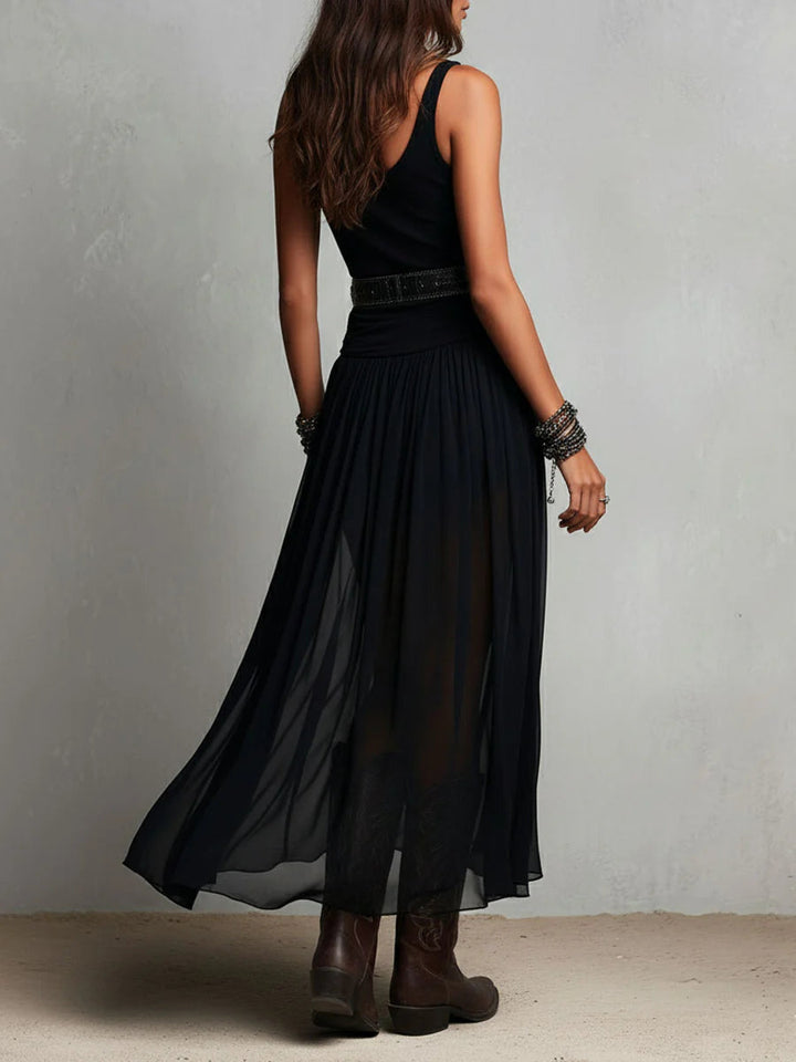 Women’s Black Belted Tulle Maxi Dress