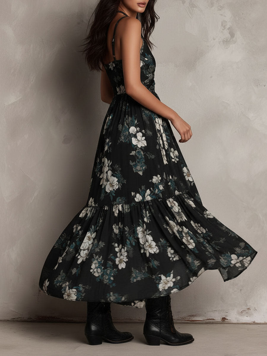 Women’s Black Boho Floral Print Strapless Maxi Dress