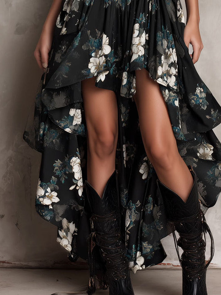Women’s Black Boho Floral Print Strapless Maxi Dress