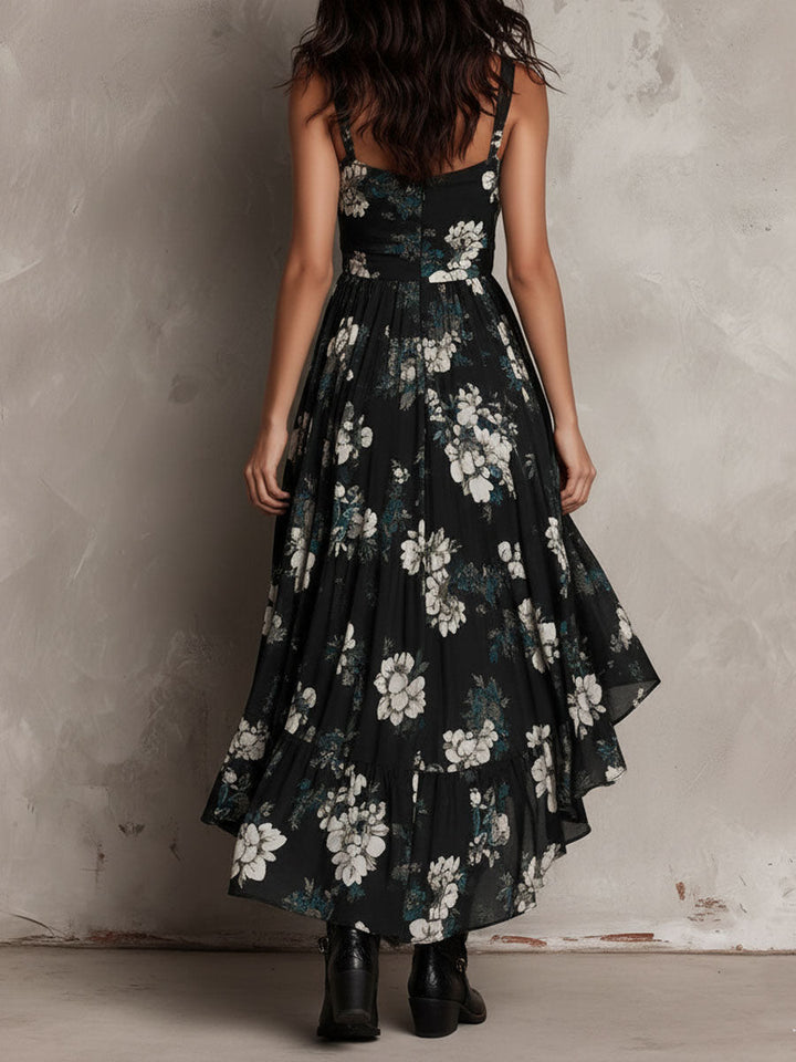 Women’s Black Boho Floral Print Strapless Maxi Dress