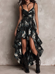 Women’s Black Boho Floral Print Strapless Maxi Dress