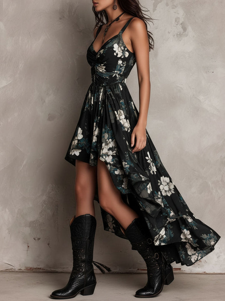 Women’s Black Boho Floral Print Strapless Maxi Dress