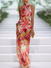 Women’s Red Floral Halter Neck Maxi Dress