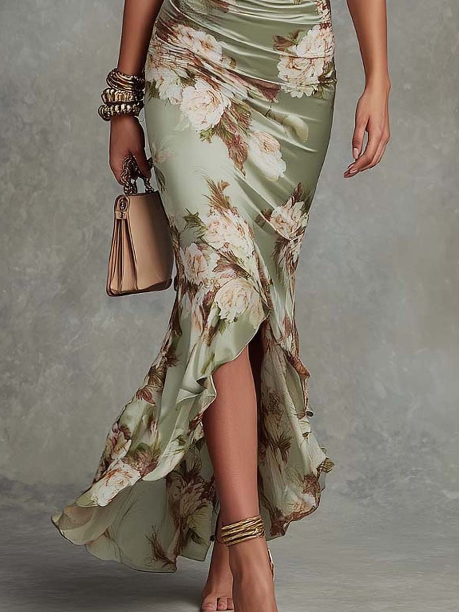Women’s Green Floral V-Neck Maxi Dress