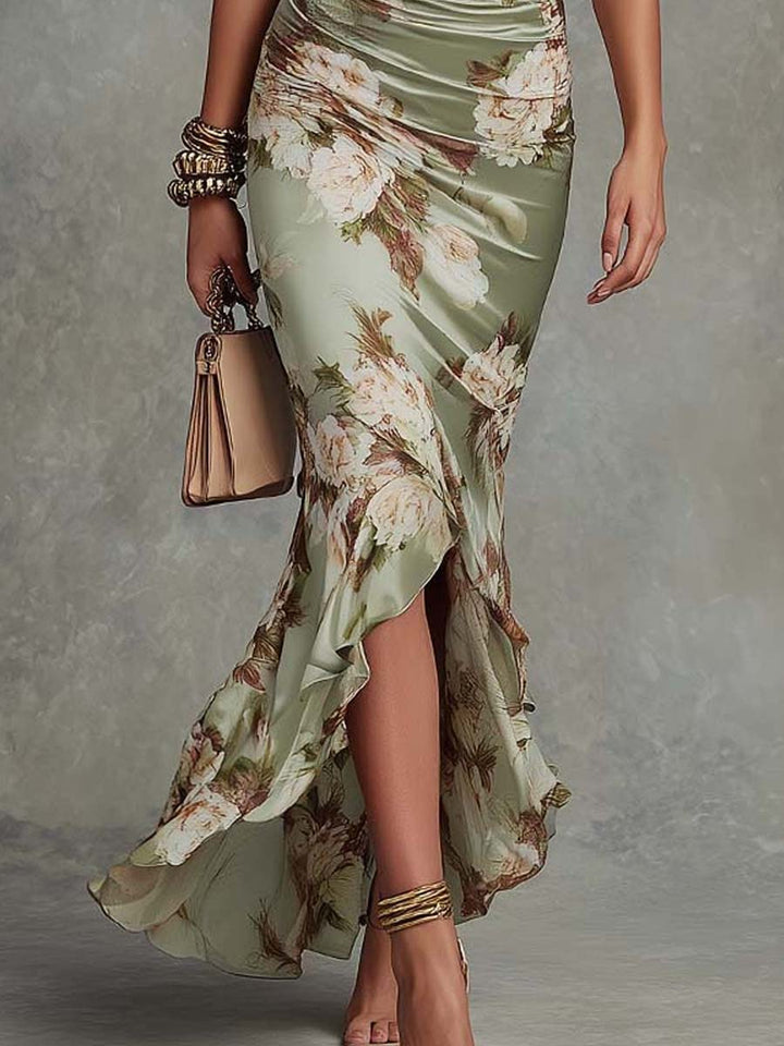 Women’s Green Floral V-Neck Maxi Dress