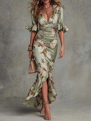 Women’s Green Floral V-Neck Maxi Dress