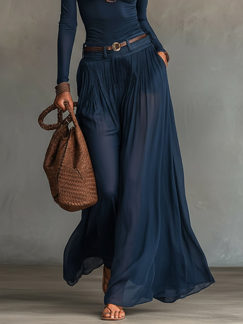 Women’s Navy One-Shoulder Belted Two-Piece Skirt Set