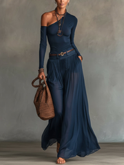 Women’s Navy One-Shoulder Belted Two-Piece Skirt Set