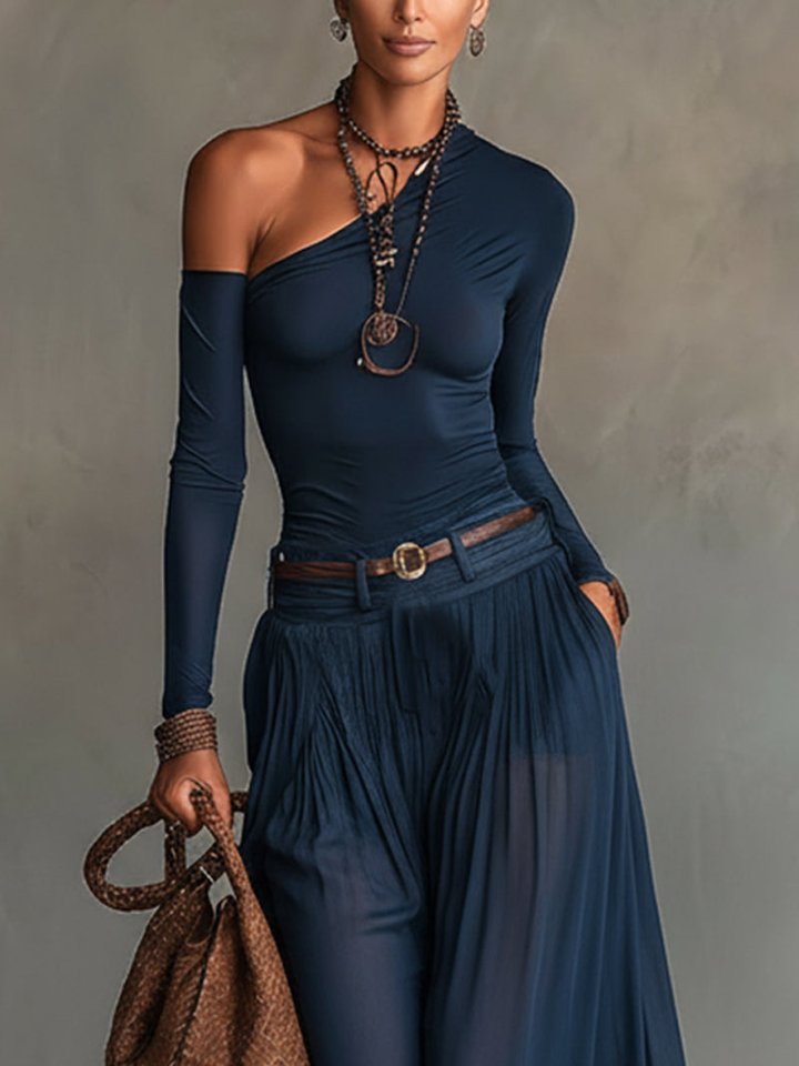 Women’s Navy One-Shoulder Belted Two-Piece Skirt Set