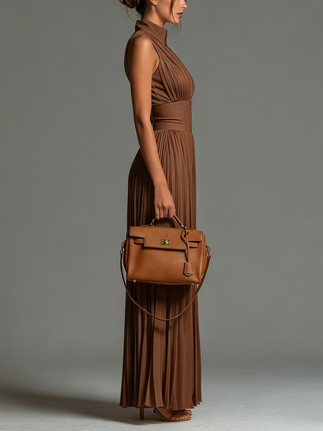 Women’s Brown Pleated Wide Leg Jumpsuit