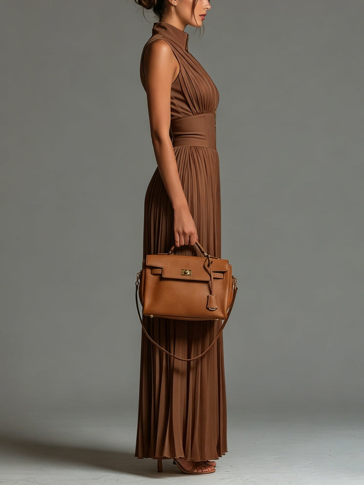 Women’s Brown Pleated Wide Leg Jumpsuit