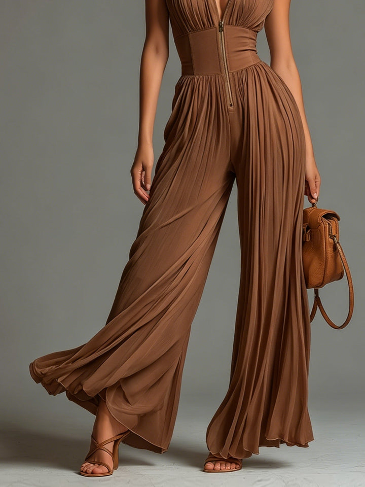Women’s Brown Pleated Wide Leg Jumpsuit
