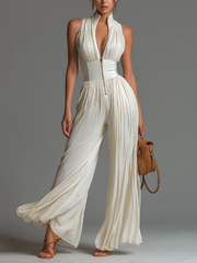 Women’s White V-Neck Sleeveless Wide-Leg Jumpsuit