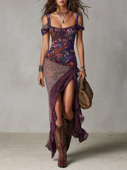 Women’s Purple Leopard Print High-Slit Maxi Dress