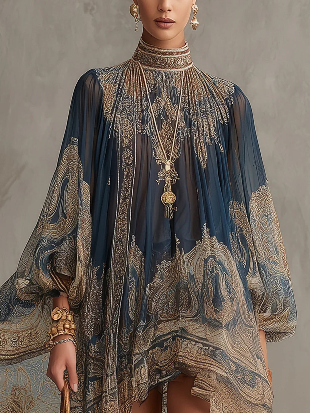 Women’s Navy Blue Baroque Print High Neck Mini Dress