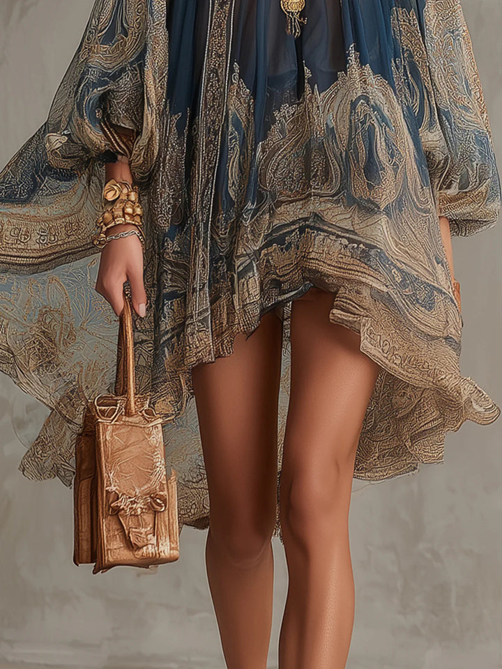 Women’s Navy Blue Baroque Print High Neck Mini Dress