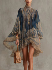 Women’s Navy Blue Baroque Print High Neck Mini Dress