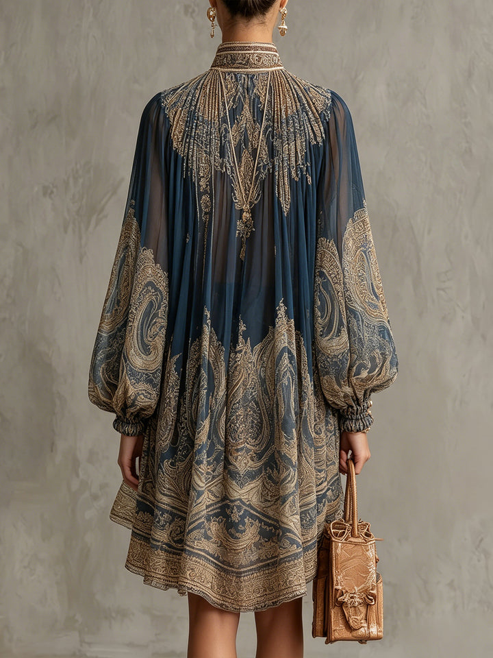Women’s Navy Blue Baroque Print High Neck Mini Dress