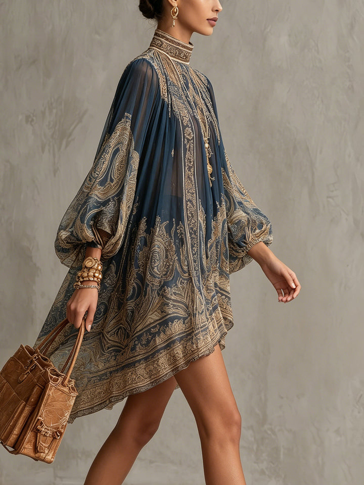 Women’s Navy Blue Baroque Print High Neck Mini Dress