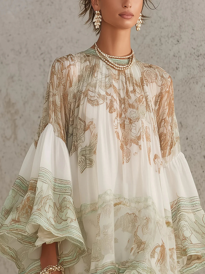 Women’s Green Print Ruffle Hem Flounce Sleeve Mini Dress