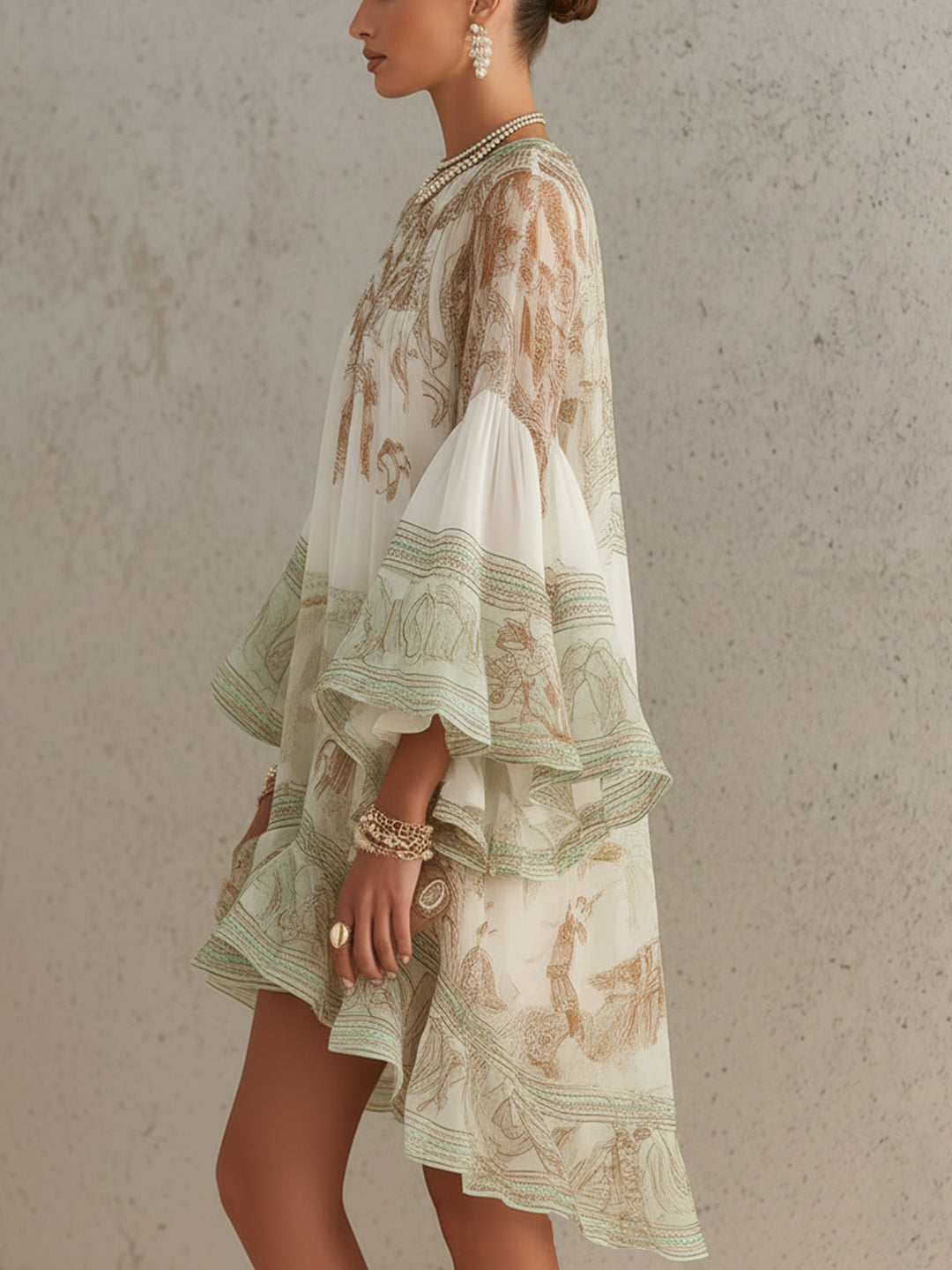 Women’s Green Print Ruffle Hem Flounce Sleeve Mini Dress