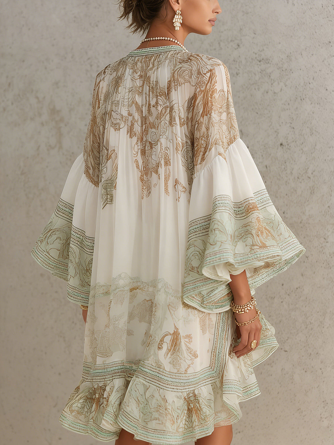 Women’s Green Print Ruffle Hem Flounce Sleeve Mini Dress