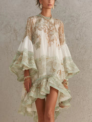 Women’s Green Print Ruffle Hem Flounce Sleeve Mini Dress
