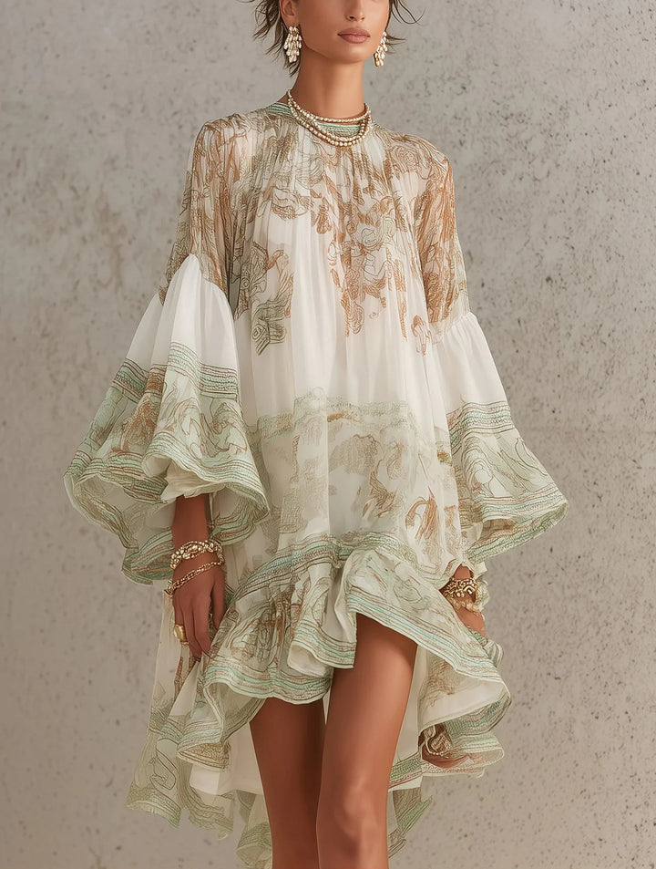 Women’s Green Print Ruffle Hem Flounce Sleeve Mini Dress