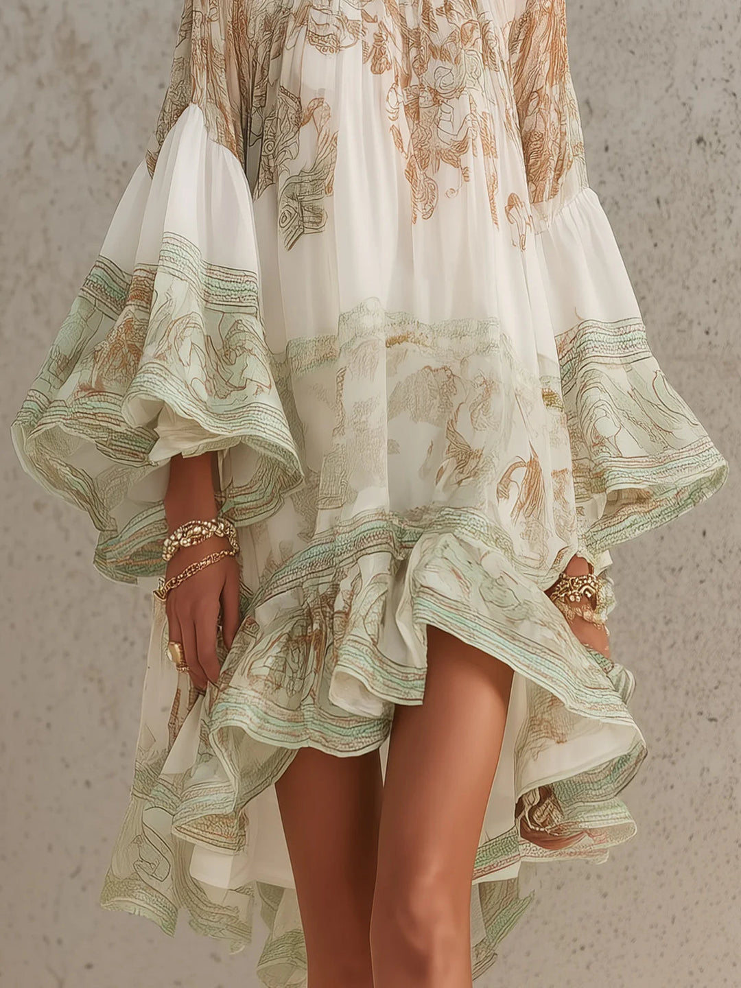 Women’s Green Print Ruffle Hem Flounce Sleeve Mini Dress