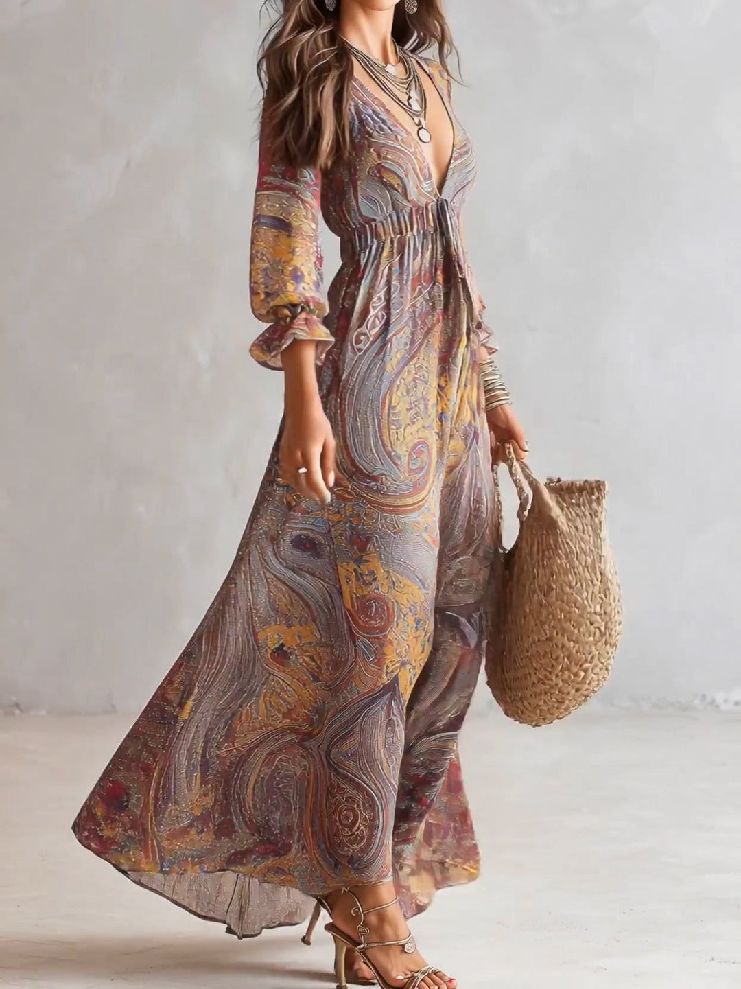 Women’s Paisley Print V-Neck Gathered Maxi Dress