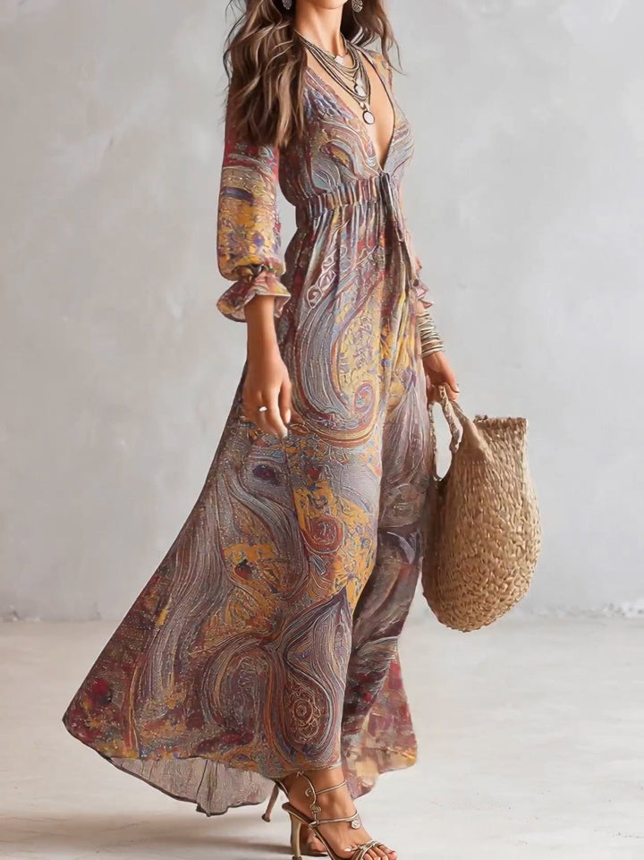 Women’s Paisley Print V-Neck Gathered Maxi Dress