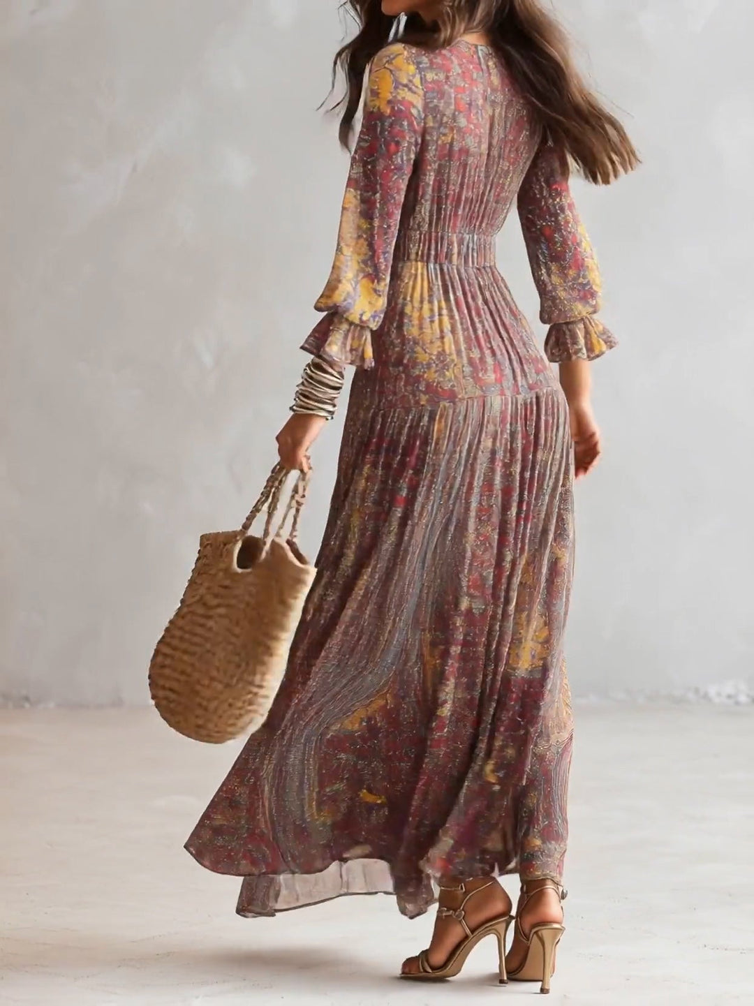 Women’s Paisley Print V-Neck Gathered Maxi Dress
